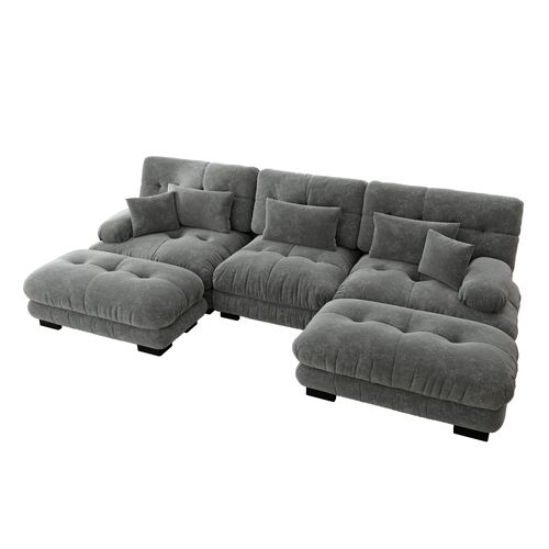 Canapé Modulable XL En U Cloud En Chenille Avec Ottoman Et Assise Profonde, Gris