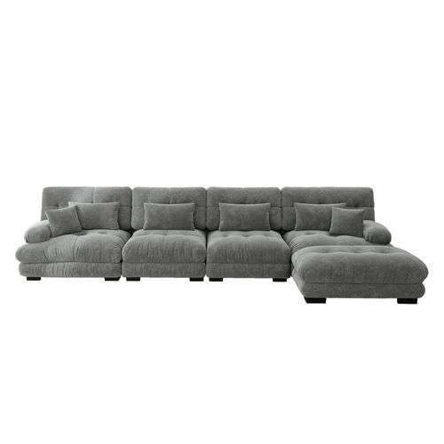 Canapé Modulable L 4 Places Cloud En Chenille Avec Ottoman Mobile Et Assise Profonde, Gris