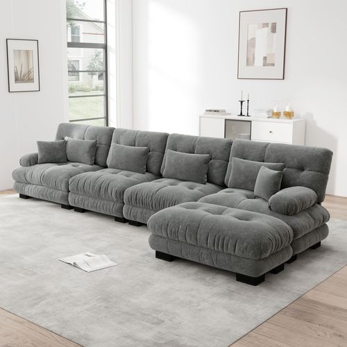 Canapé Modulable L 4 Places Cloud En Chenille Avec Ottoman Mobile Et Assise Profonde, Gris