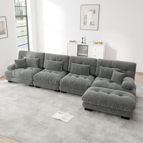 Canapé Modulable L 4 Places Cloud En Chenille Avec Ottoman Mobile Et Assise Profonde, Gris