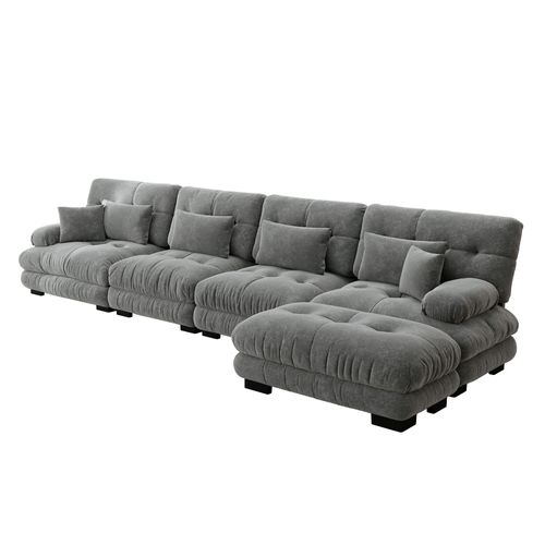 Canapé Modulable L 4 Places Cloud En Chenille Avec Ottoman Mobile Et Assise Profonde, Gris