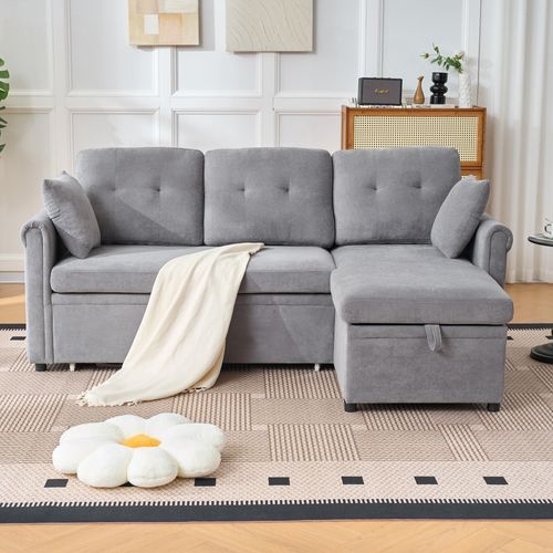 Canapé D’angle L Convertible Avec Coffre De Rangement Et Tissu Chenille Gris