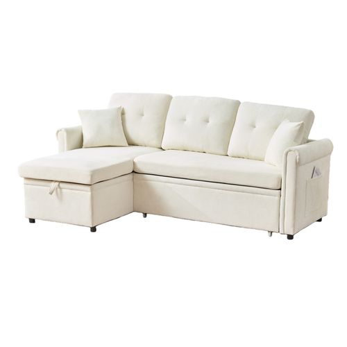 Canapé D’angle L Convertible Avec Coffre De Rangement Et Tissu Chenille Beige