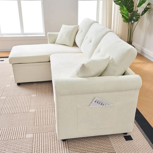 Canapé D’angle L Convertible Avec Coffre De Rangement Et Tissu Chenille Beige