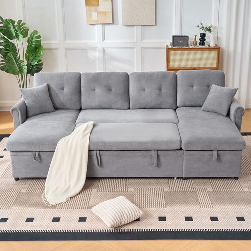Canapé D’angle U Convertible Avec Coffre Et Tissu Chenille Gris, Grand Et Confortable