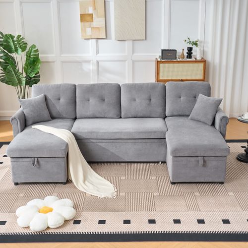 Canapé D’angle U Convertible Avec Coffre Et Tissu Chenille Gris, Grand Et Confortable