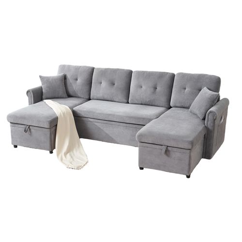 Canapé D’angle U Convertible Avec Coffre Et Tissu Chenille Gris, Grand Et Confortable