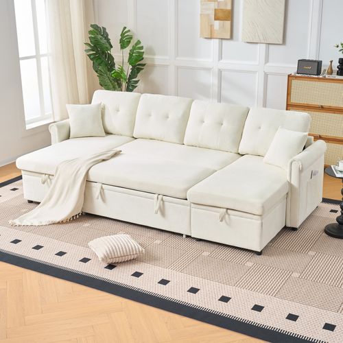 Canapé D’angle U Convertible Avec Coffre Et Tissu Chenille Beige, Grand Et Confortable