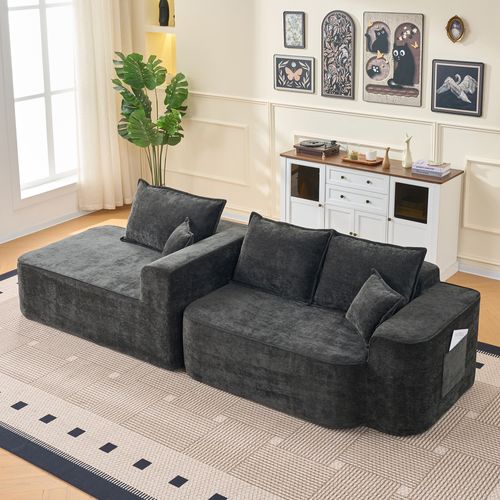Canapé D’angle L Modulable XXL En Chenille Noire, 264 cm, Sans Montage