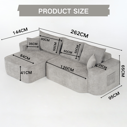 Canapé D’angle L Modulable XXL En Chenille Grise, 264 cm, Sans Montage