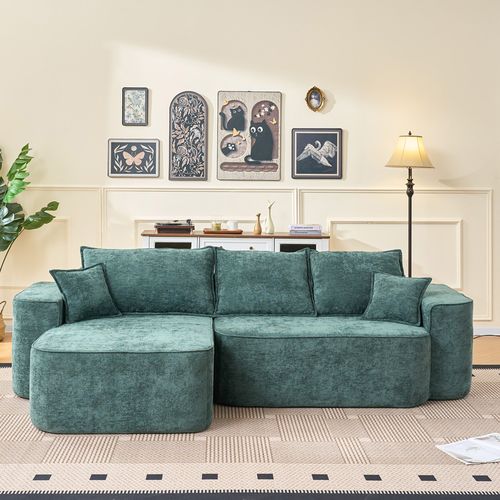 Canapé D’angle L Modulable XXL En Chenille Verte, 264 cm, Sans Montage