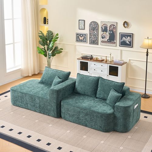 Canapé D’angle L Modulable XXL En Chenille Verte, 264 cm, Sans Montage