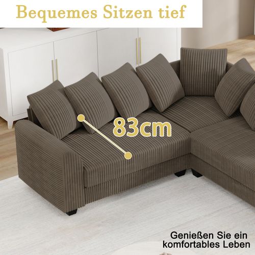 Canapé D’angle Modulable En L Avec Coussins Lombaires, Assise Profonde, Tissu Brun