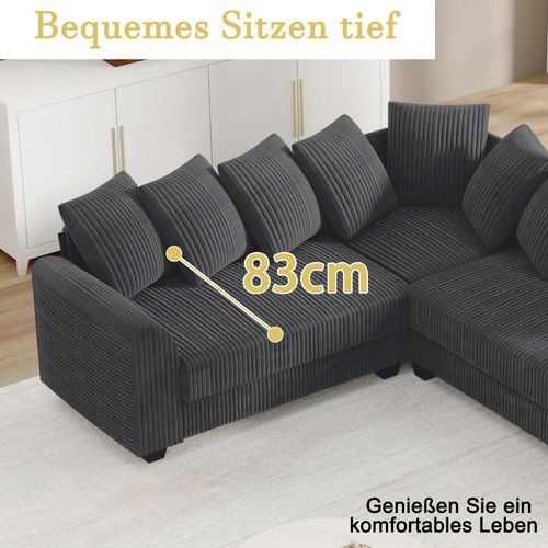 Canapé D’angle Modulable En L Avec Coussins Lombaires, Assise Profonde, Tissu Gris