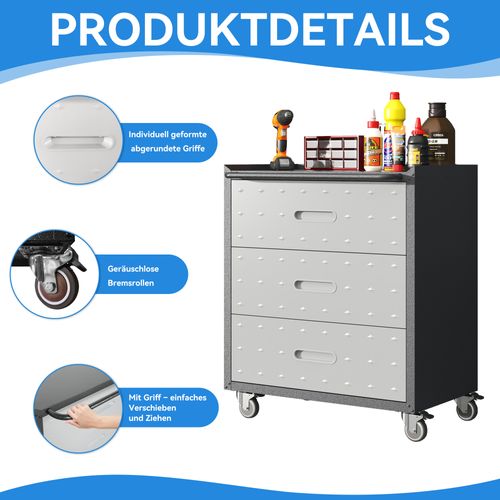 Caisson à Outils Métallique Mobile 3 Tiroirs Avec Roulettes 75×42×88 Cm Noir Et Gris Usage Intensif