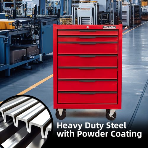 Chariot à Outils Rouge 7 Tiroirs Avec Roulettes Et Serrure Pour Atelier Et Garage