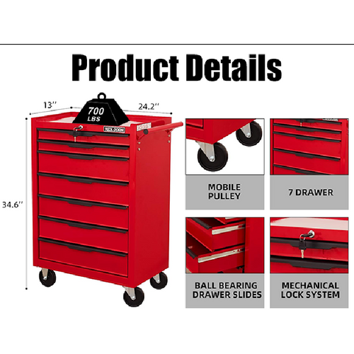 Chariot à Outils Rouge 7 Tiroirs Avec Roulettes Et Serrure Pour Atelier Et Garage