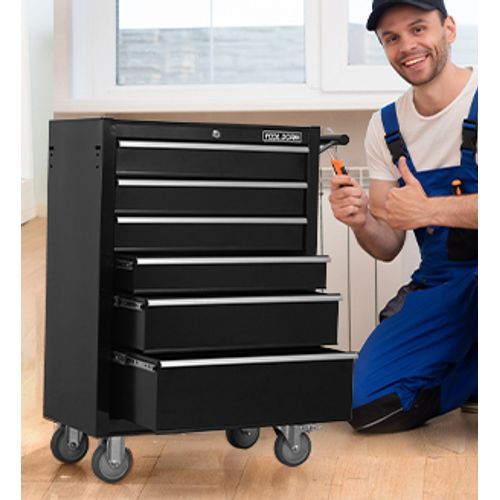 Chariot à Outils Noir 6 Tiroirs Avec Roulettes Et Serrure Pour Atelier Et Garage