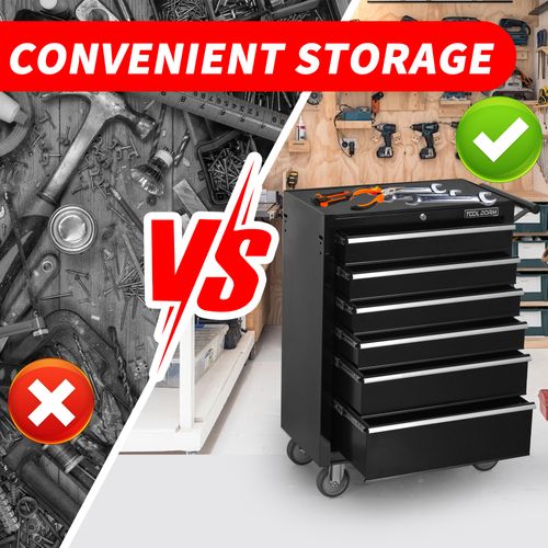 Chariot à Outils Noir 6 Tiroirs Avec Roulettes Et Serrure Pour Atelier Et Garage
