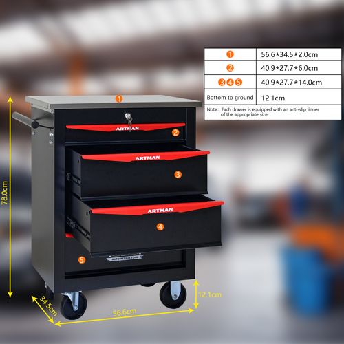 Chariot à Outils Métallique 4 Tiroirs Avec Roulettes Et Dessus En Acier Noir et Rouge