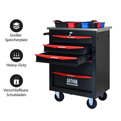 Chariot à Outils Métallique 5 Tiroirs Avec Roulettes Et Dessus Inox Noir et Rouge