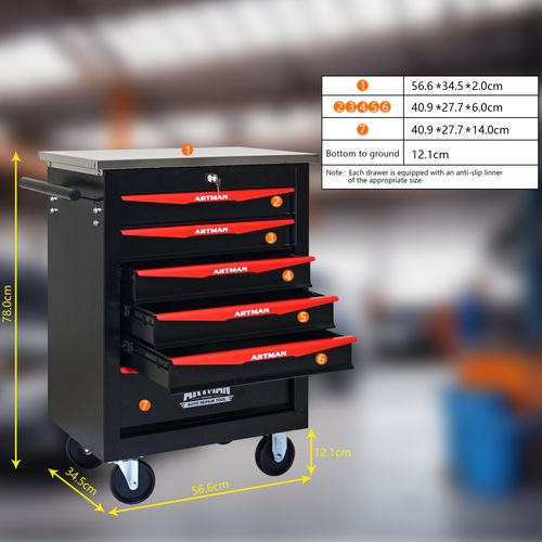 Chariot à Outils Métallique 6 Tiroirs Avec Roulettes Et Dessus Inox Noir et Bleu