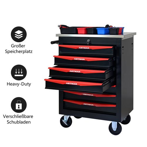 Chariot à Outils Métallique 7 Tiroirs Avec Roulettes Et Dessus Inox Noir et Bleu