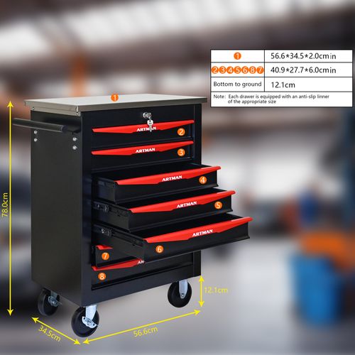 Chariot à Outils Métallique 7 Tiroirs Avec Roulettes Et Dessus Inox Noir et Bleu