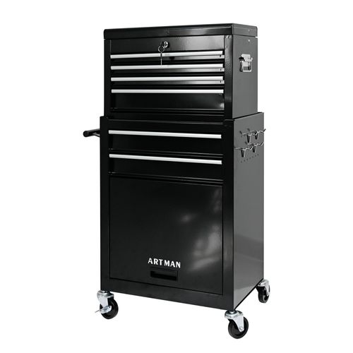 Chariot à Outils Mobile 6 Tiroirs Avec Roulettes Et Coffre Inférieur Métal Noir