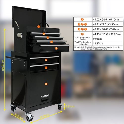 Chariot à Outils Mobile 6 Tiroirs Avec Roulettes Et Coffre Inférieur Métal Noir