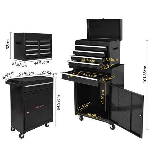 Chariot à Outils Mobile 5 Tiroirs Avec Roulettes Et Étagères Réglables Noir
