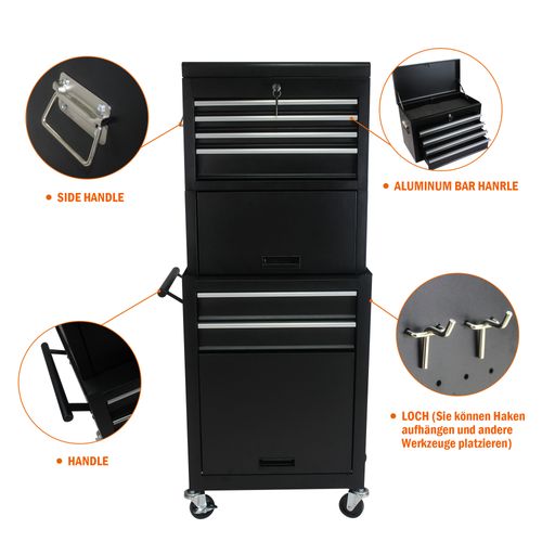 Chariot à Outils Mobile 6 Tiroirs Avec Roulettes Et Compartiments Verrouillables Noir