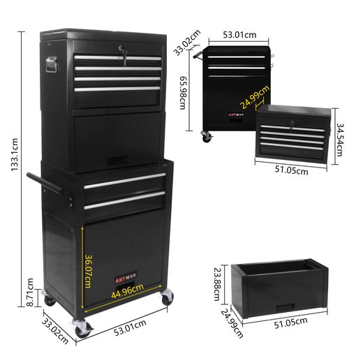 Chariot à Outils Mobile 6 Tiroirs Avec Roulettes Et Compartiments Verrouillables Noir