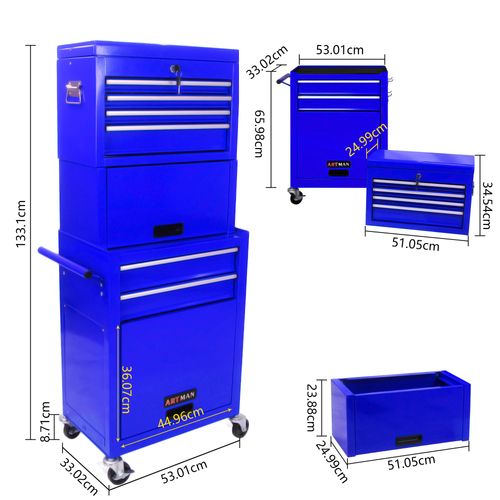 Chariot à Outils Mobile 6 Tiroirs Avec Roulettes Et Compartiments Verrouillables Bleu