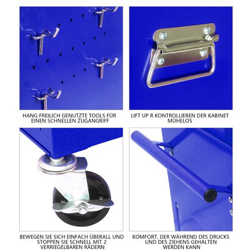 Chariot à Outils Mobile 6 Tiroirs Avec Roulettes Et Compartiments Verrouillables Bleu