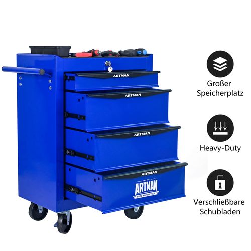 Chariot à Outils Mobile 4 Tiroirs 20 Pouces Avec Roulettes Et Rangement Acier Noir Et Bleu