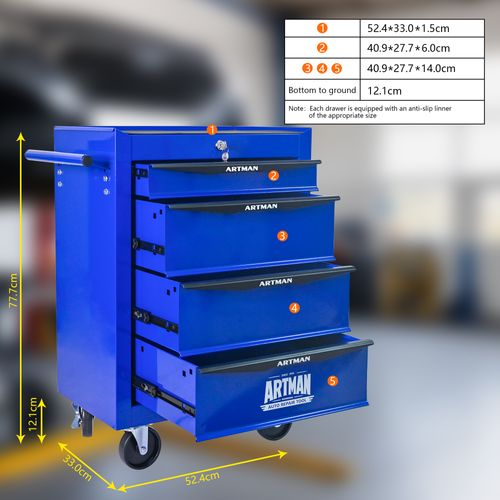 Chariot à Outils Mobile 4 Tiroirs 20 Pouces Avec Roulettes Et Rangement Acier Noir Et Bleu