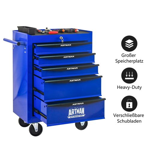 Chariot à Outils Mobile 5 Tiroirs Avec Roulettes Et Rangement Acier Robuste Noir Et Bleu