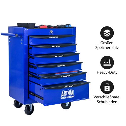 Chariot à Outils Mobile 6 Tiroirs Avec Roulettes Et Rangement Acier Robuste Noir Et Bleu