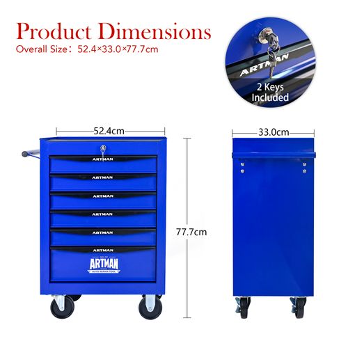 Chariot à Outils Mobile 6 Tiroirs Avec Roulettes Et Rangement Acier Robuste Noir Et Bleu