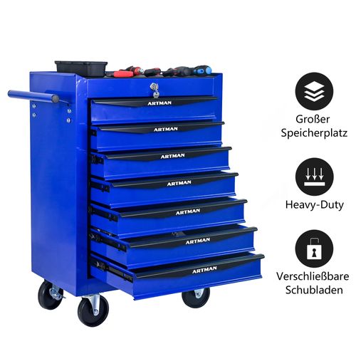 Chariot à Outils Mobile 7 Tiroirs Avec Roulettes Et Rangement Acier Robuste Noir Et Bleu