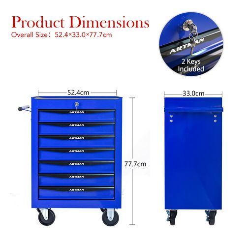 Chariot à Outils Mobile 7 Tiroirs Avec Roulettes Et Rangement Acier Robuste Noir Et Bleu