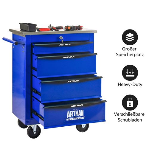 Chariot à Outils Mobile 4 Tiroirs Avec Roulettes Et Plan De Travail Acier Noir Et Bleu