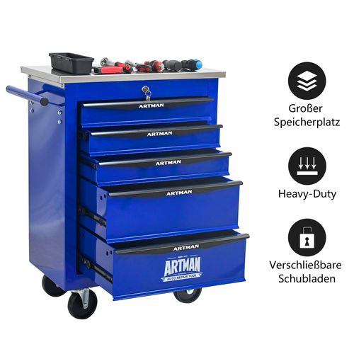 Chariot à Outils Mobile 5 Tiroirs Avec Roulettes Et Plan De Travail Acier Noir Et Bleu