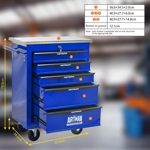 Chariot à Outils Mobile 5 Tiroirs Avec Roulettes Et Plan De Travail Acier Noir Et Bleu