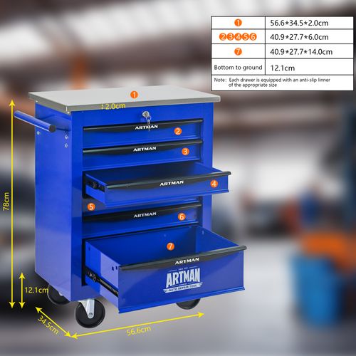 Chariot à Outils 6 Tiroirs Mobile Acier Noir Et Bleu Avec Roulettes Et Plan De Travail Robuste