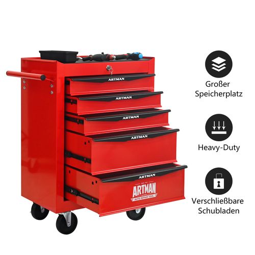 Chariot à Outils 5 Tiroirs En Acier Rouge Et Noir Avec Roulettes Et Plan De Travail Robuste