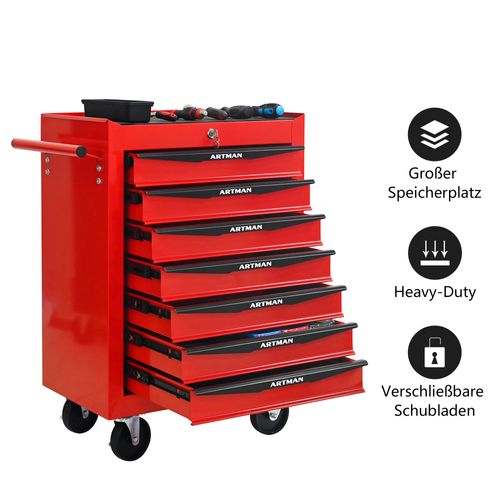 Chariot à Outils Mobile 7 Tiroirs En Acier Rouge Et Noir Avec Roulettes Et Rangement Sécurisé