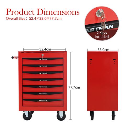 Chariot à Outils Mobile 7 Tiroirs En Acier Rouge Et Noir Avec Roulettes Et Rangement Sécurisé