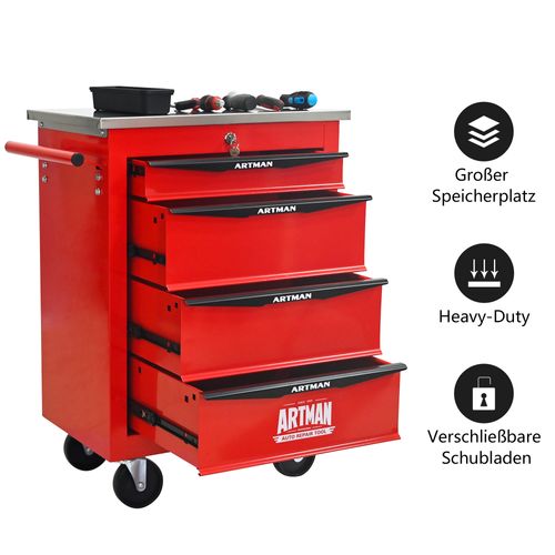 Chariot à Outils 4 Tiroirs Mobile En Acier Rouge Et Noir Avec Roulettes Et Rangement Pratique